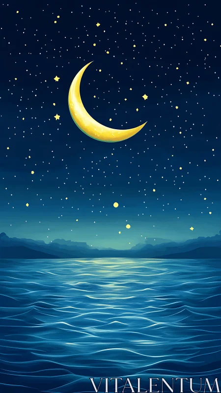 Crescent moonlit seascape under star-dense nocturnal sky