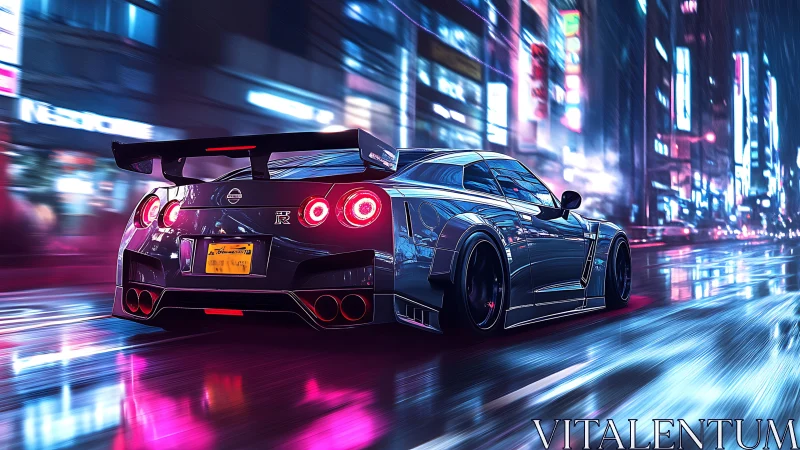 Neon rain racer storms through electric midnight streets.