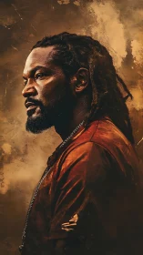 Profile portrait of man with locs against textured browns.