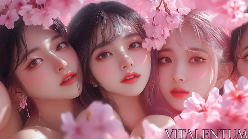 Ethereal trio framed by luminous pink sakura blossoms.