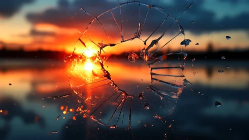 Broken glass ring frames sunset reflection across water