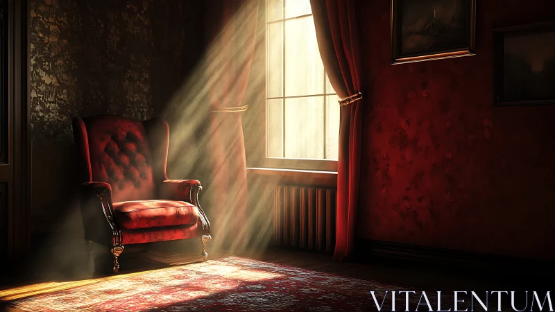 Sunlit velvet armchair inviting quiet moments of calm.