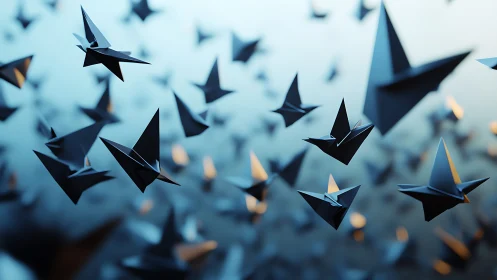 Origami bird silhouettes in suspended midair arrangement.