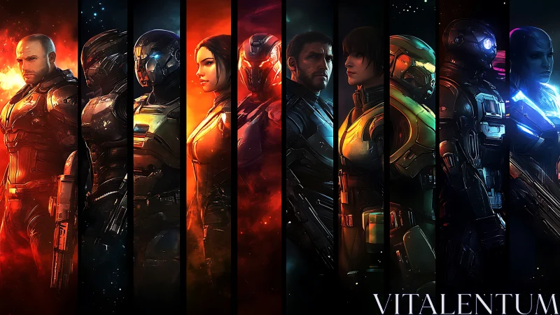 Futuristic armored squad portraits in segmented layout.