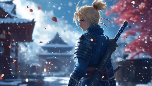 Samurai warrior in snowy temple courtyard with sakura petals.