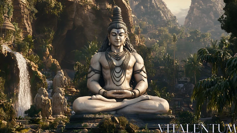 Colossal meditative deity statue in lush canyon sanctuary.