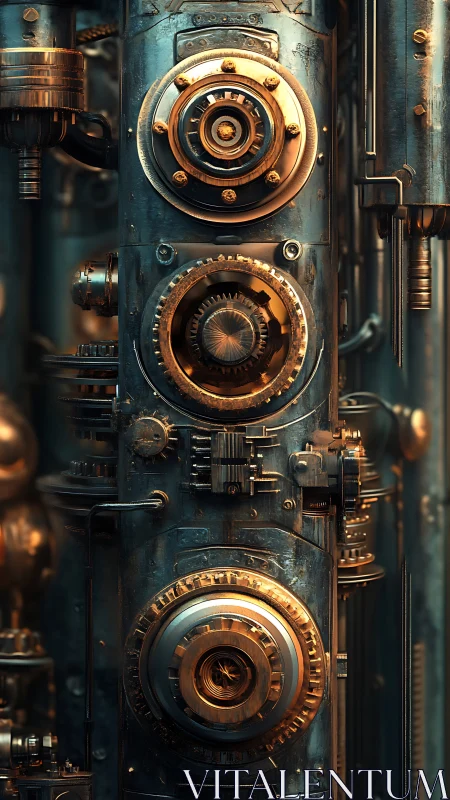 Gleaming steampunk engine tower of gears and quiet wonder.