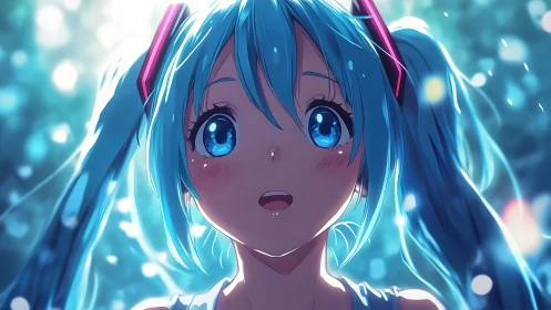 Blue haired anime girl looks up with bright hopeful eyes