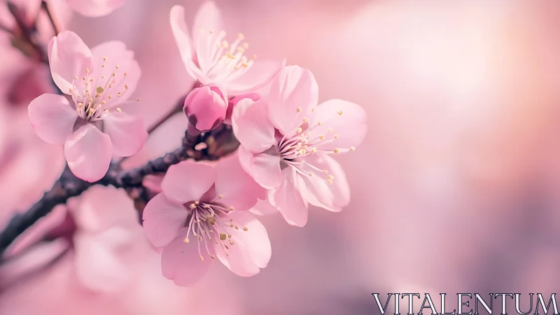 Soft pink cherry blossoms glow gently in dreamy spring light