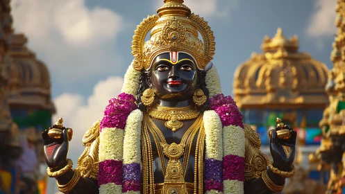 Hindu deity statue in ornate temple setting under sky.