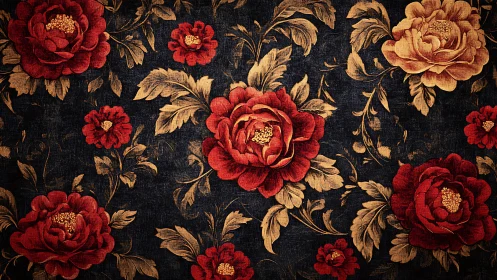 Vintage peony blooms on deep navy textile tapestry.