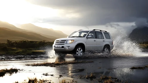 White mid-size SUV fording shallow water under stormy sunset