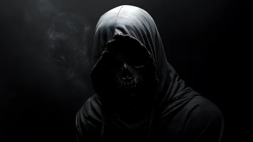 Hooded skeletal figure in dark, low-key lighting profile.