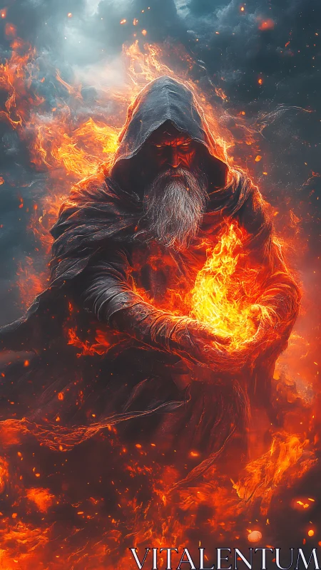 Firelit wanderer cradling a living flame in stormed night.