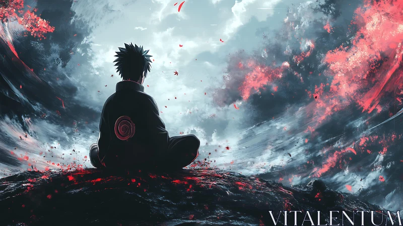 Solitary figure studies storm-torn sky in dynamic anime landscape