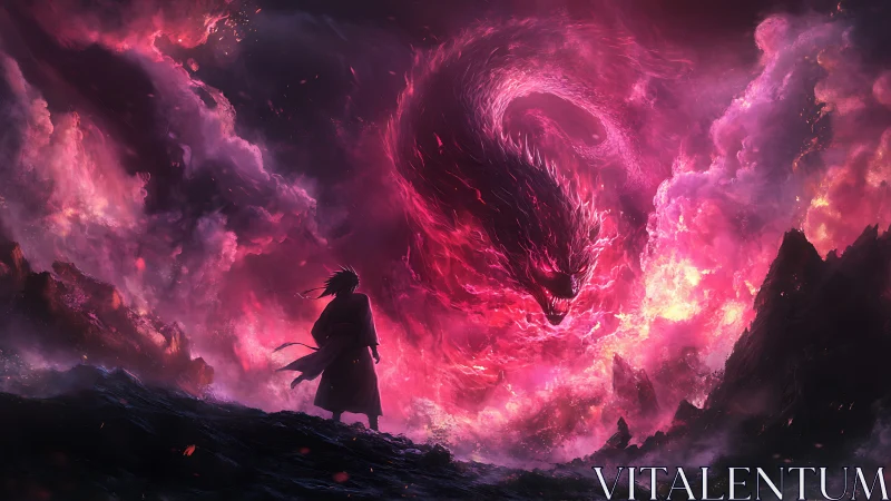 Lone warrior confronts colossal crimson storm dragon