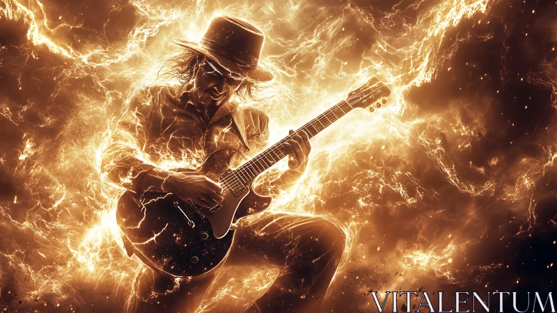 Electric guitar hero engulfed in blazing cosmic energy.