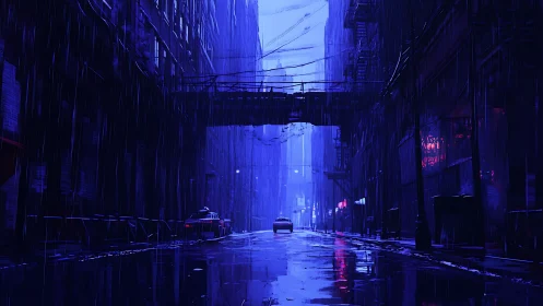 Neon-soaked rainy alleyway glows in deep cyberpunk blue.