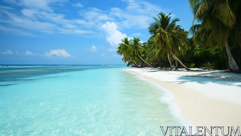 Tropical beach shoreline with palm vegetation and shallow water