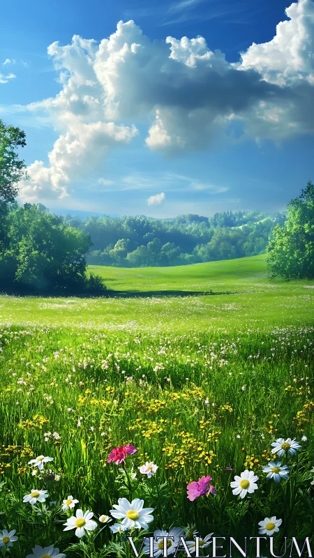 Lush wildflower meadow beneath towering summer clouds.