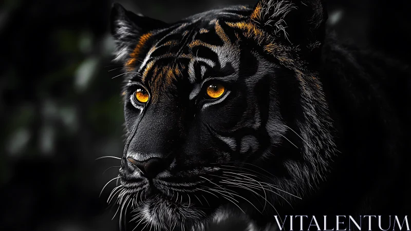 Tiger face close-up shows intense amber eyes in dark profile