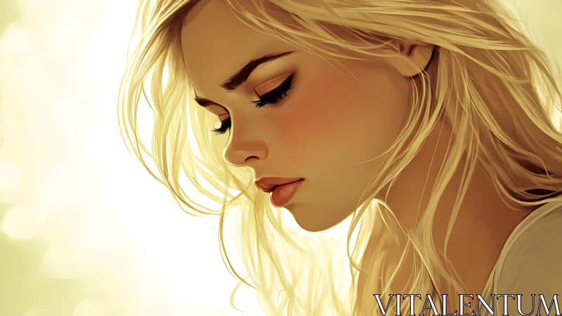 Side profile digital portrait of thoughtful blonde woman.