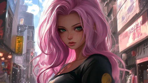Pink-haired street heroine under soft cinematic backlight.