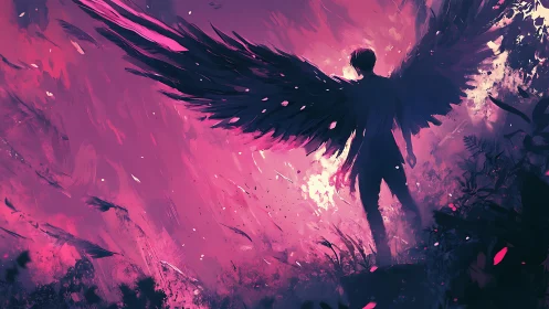 Dark-winged figure in luminous pink fantasy storm.