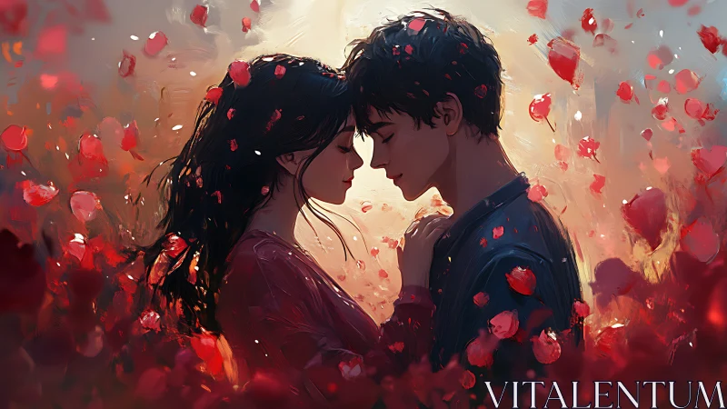 Romantic Couple Embracing Amid Suspended Luminous Rose Petals