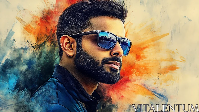 Stylized bearded man in sunglasses amid vibrant splashes.