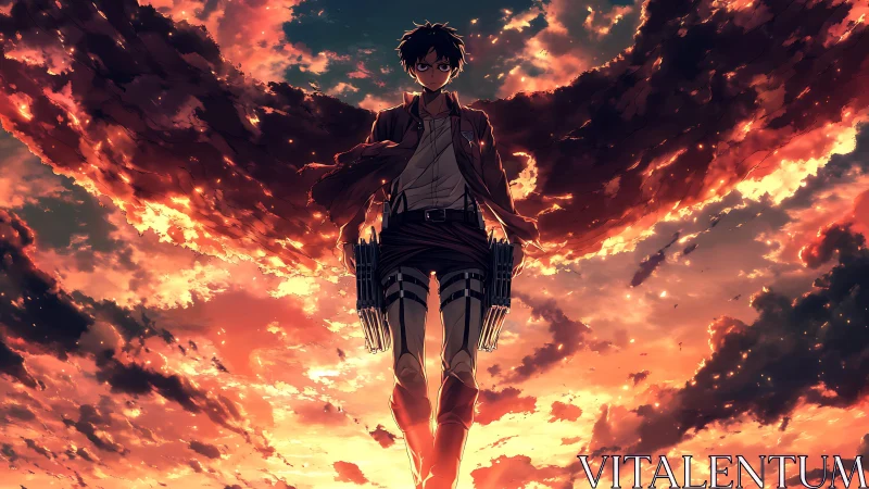 Anime soldier stands against dramatic burning sky clouds.