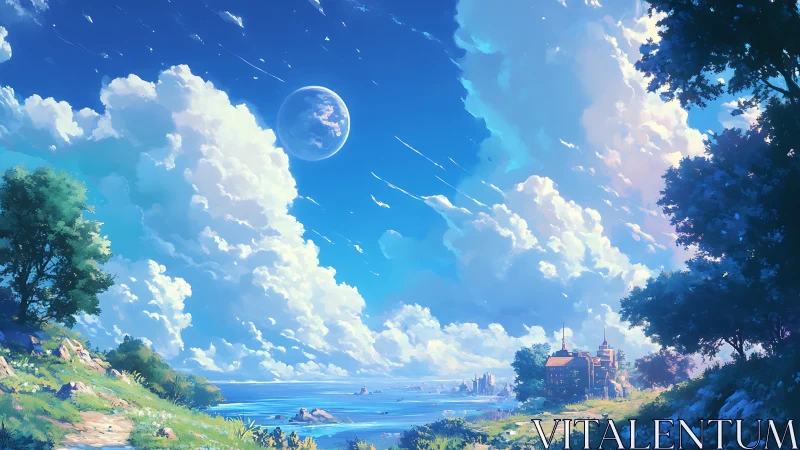 Coastal fantasy skyline under expansive celestial clouds.