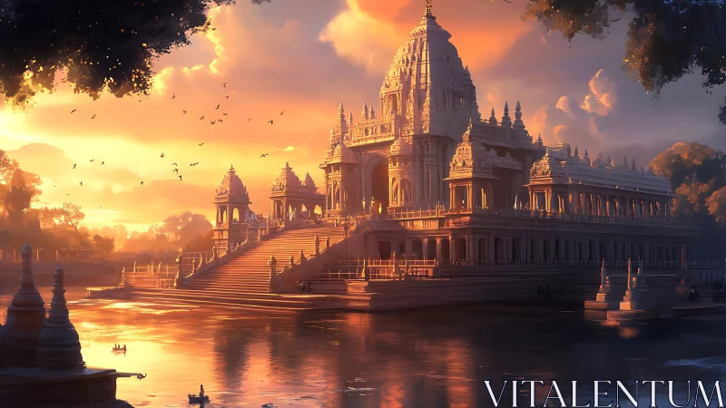 Sunset light bathes majestic riverside temple in warmth