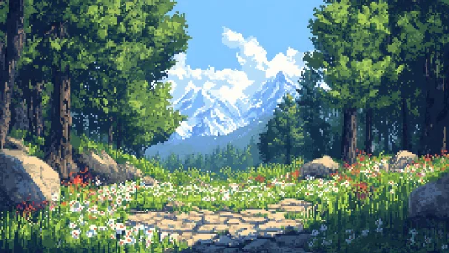 Pixel art alpine valley vista depicting layered forest depth with snow-capped mountain peak