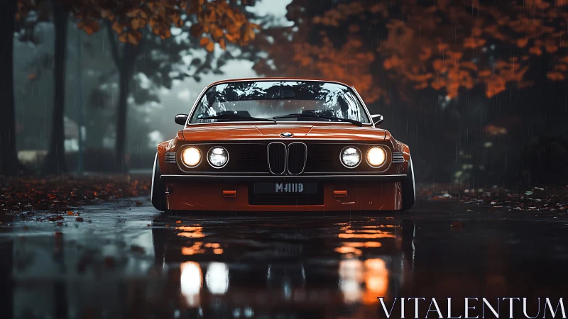 Orange classic BMW coupe on wet autumn forest road.