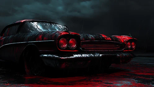 Vintage coupe in rain with red reflective surface accents.