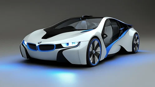 Futuristic electric coupe glowing with cool blue light.