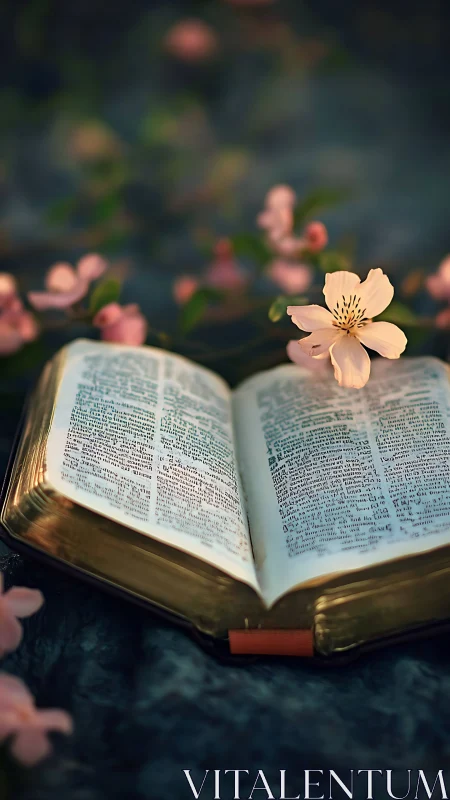 Open gilt-edged Bible with soft pink blossom resting gently.