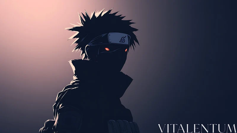 Shadowed ninja sentinel with glowing ember eyes at dusk.