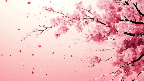 Cherry blossom branches extend with petals drifting outward