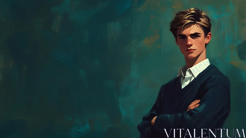 Digital portrait of confident young man on teal abstract ground.