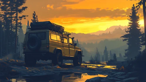 Off road vehicle in forested valley at orange sunset light.