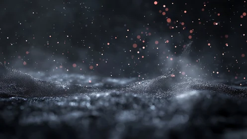Glowing dust particles drift above dark shimmering waves