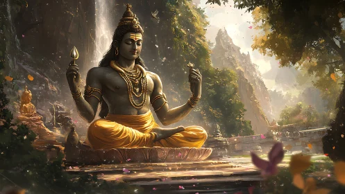 Serene deity sculpture in lush canyon temple sanctuary.