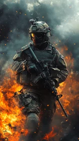 Tactical operator in full combat gear amid fiery explosion