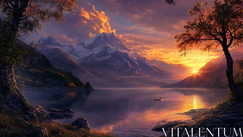 Sunset orchestra crowns the still mountain lake in firelit hush