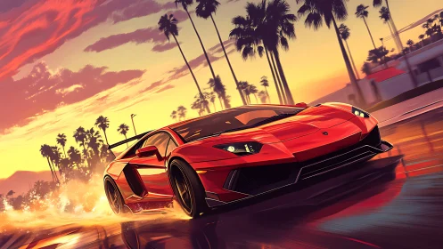 Sunset sprint with a sleek red supercar by palm-lined roads.