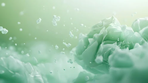 Dreamy Green Floral Abstraction with Floating Petals and Mist.