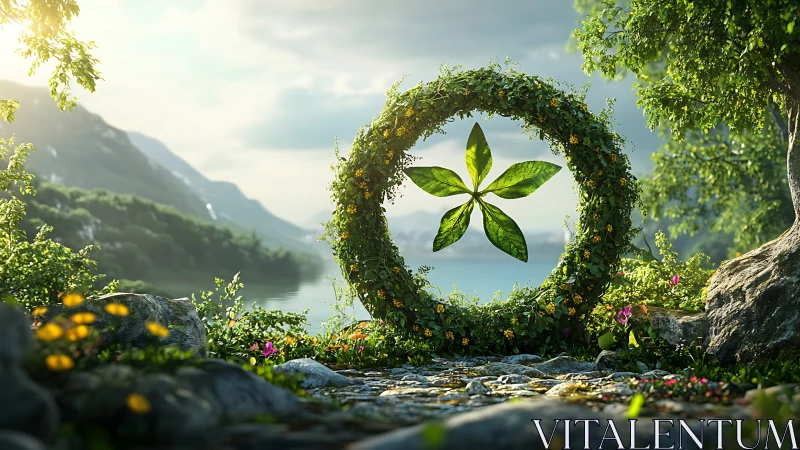 Mystical Leaf Portal in Lush Forest by Mountain Lake, Fantasy Art.