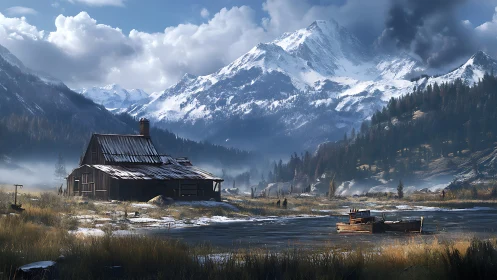 Snowlit mountain cabin beside frozen marshland river.